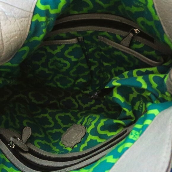 OrYany Leather Cotton Hand Bag Purse Silver Tone Hardware Green Pattern Lining - Picture 12 of 15